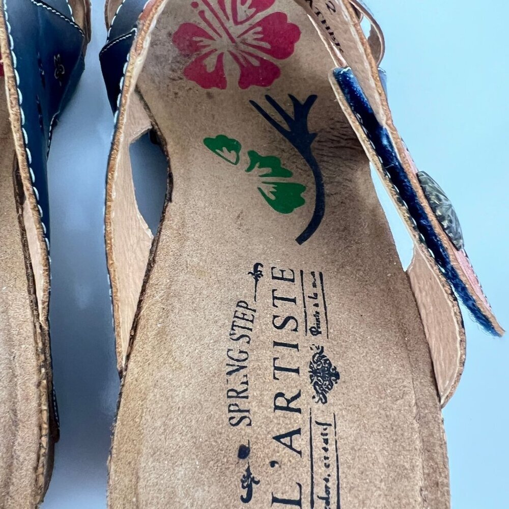 La Artiste Jadora  Women's Floral Embossed  Leather Sandals Blue & Orange 42 10. - Picture 6 of 9